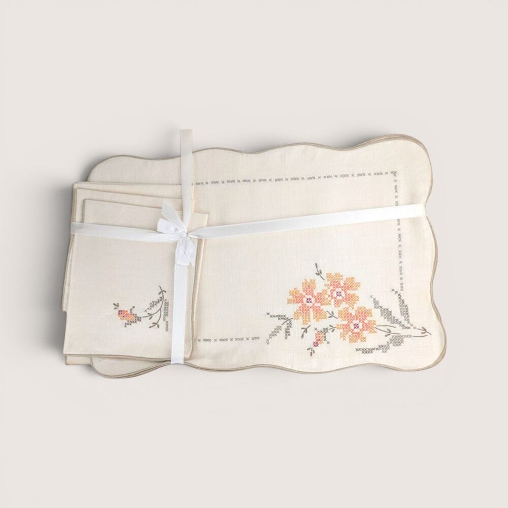 1960s Bucilla Linen Cross Stitch Placemat Set